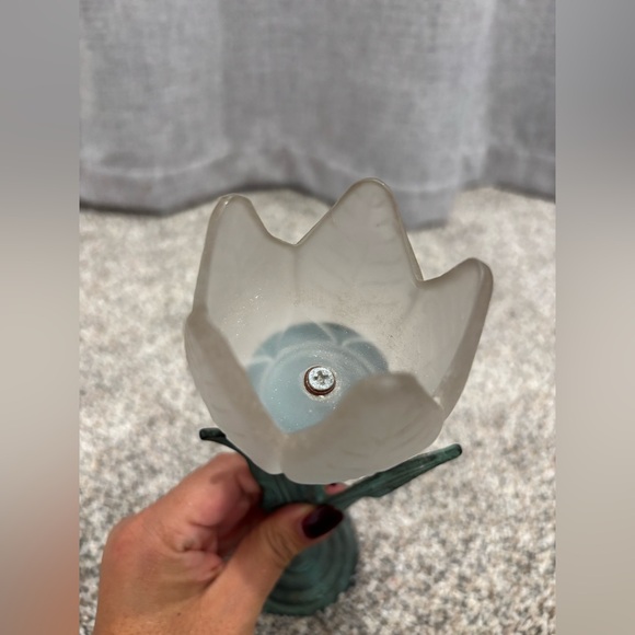 Vintage Tulip Candleholder Single Frosted Glass Flower, Green Metal Stem - Picture 6 of 12